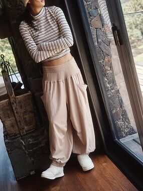 Free People Movement Blush/Taupe Wide Leg Track Joggers Yoga Workout Travel Gym